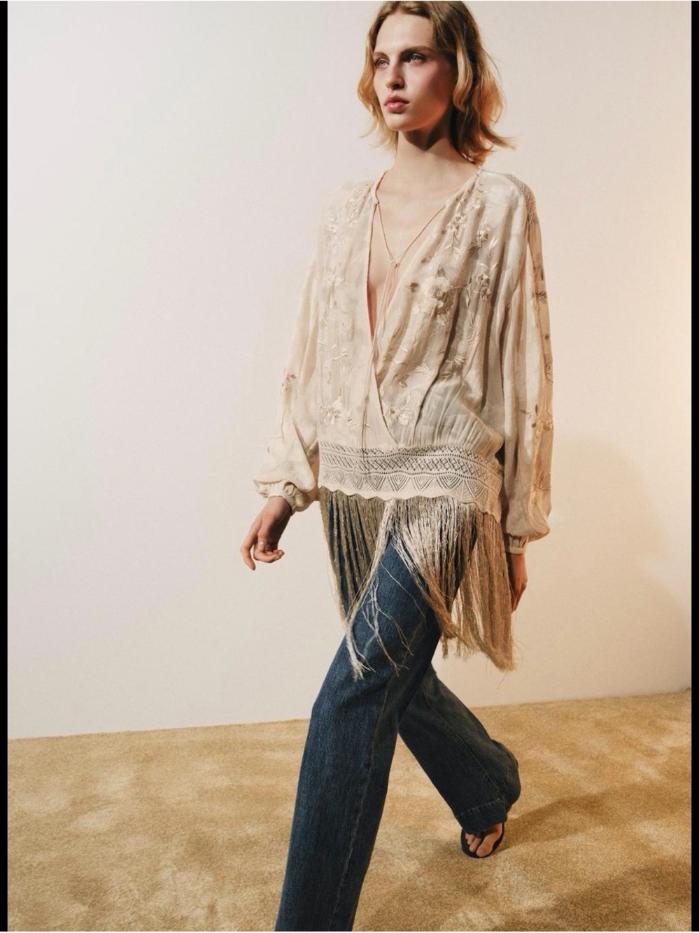 Zara Cream Embroidered Fringe V-Neck Tunic